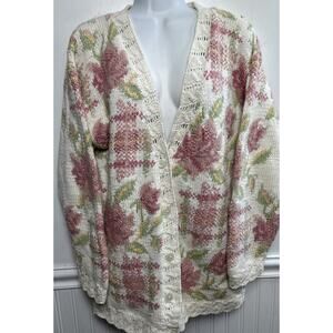 VTG Cottagecore Prairie Chunky Hand Knit Cardigan Sweater L Grannycore Floral